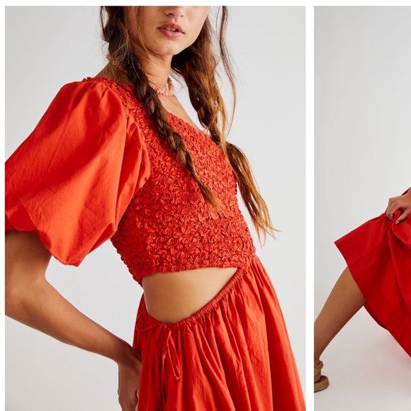Free People Red Smocked Ruffled Maxi Dress - Picture 3 of 7